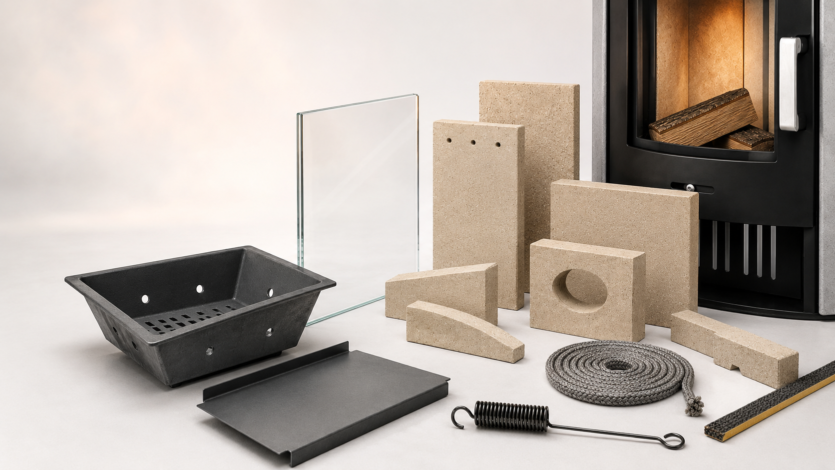 Materialien für Kaminofen-Ersatzteile: Schamott, Vermiculit, Glaskeramik, Gusseisen, Stahl und Dichtung